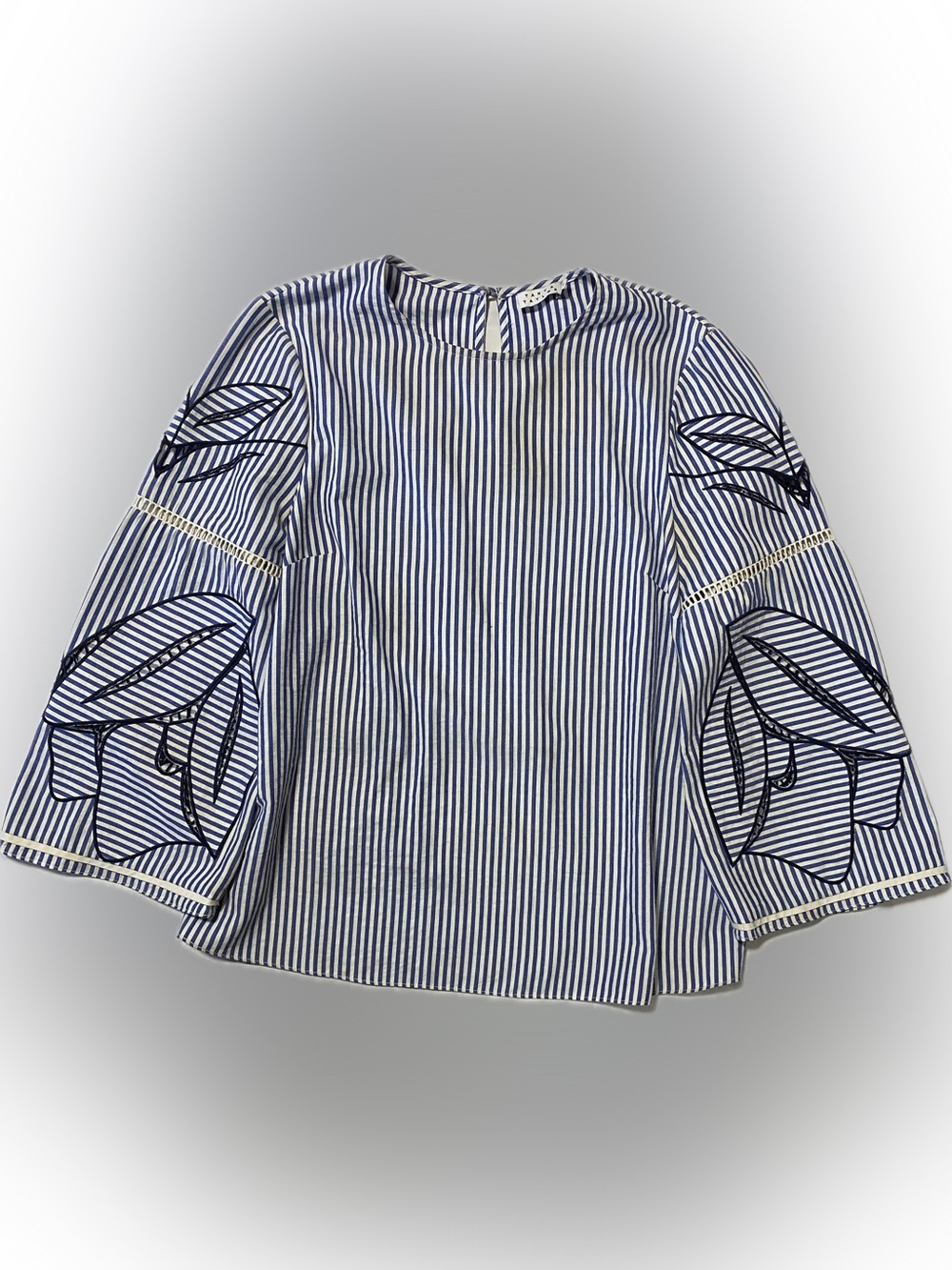Tanya Taylor Blue & White Striped Bell-Sleeve Blouse with Navy Embroidery